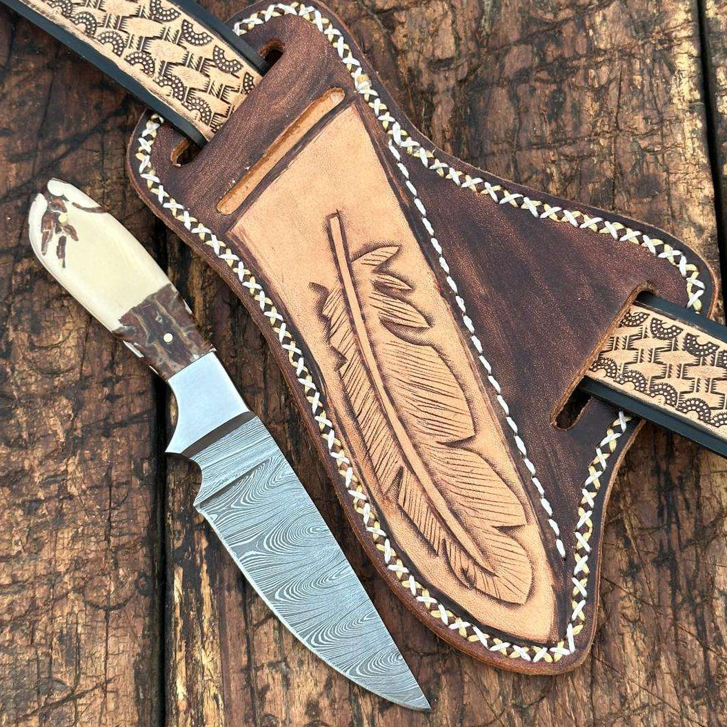 Fixed blade knife. - Prairie Damascus Skinner Knife with Hand tooled Sheath & Belt - Shokunin USA