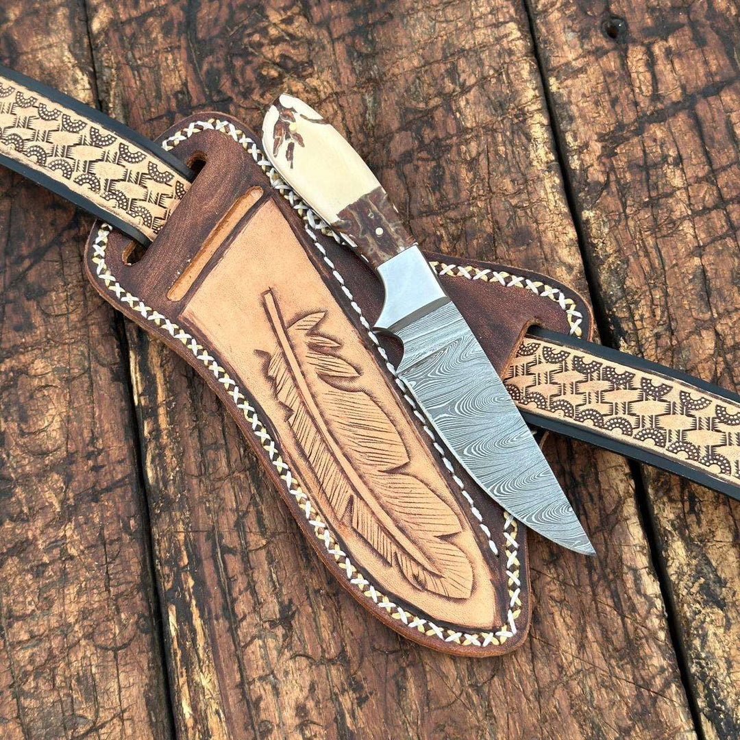 Fixed blade knife. - Prairie Damascus Skinner Knife with Hand tooled Sheath &amp; Belt - Shokunin USA