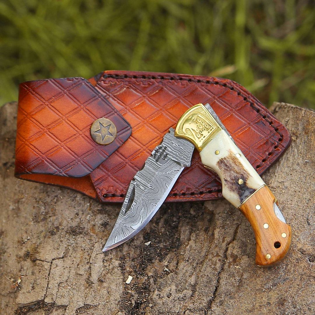 Utility Knife - Echo Damascus Pocket Knife with Stag Horn/Antler &amp; Olivewood Handle - Shokunin USA