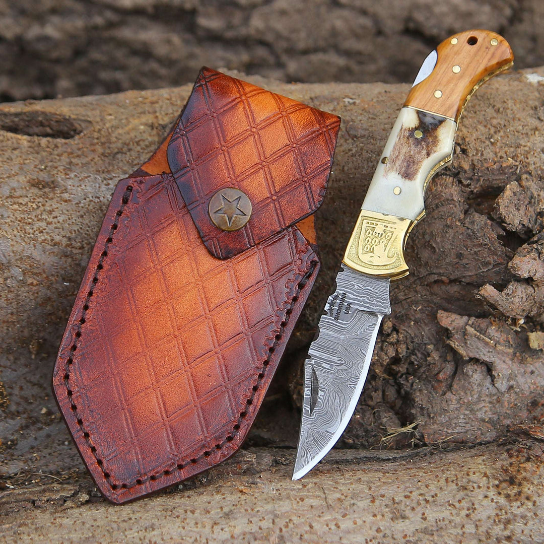 Utility Knife - Echo Damascus Pocket Knife with Stag Horn/Antler &amp; Olivewood Handle - Shokunin USA
