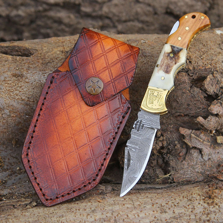 Utility Knife - Echo Damascus Pocket Knife with Stag Horn/Antler &amp; Olivewood Handle - Shokunin USA
