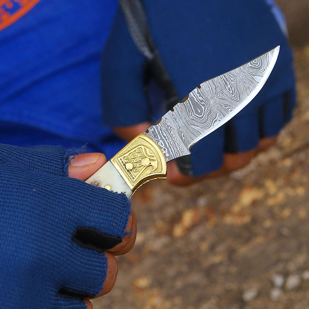 Utility Knife - Echo Damascus Pocket Knife with Stag Horn/Antler &amp; Olivewood Handle - Shokunin USA