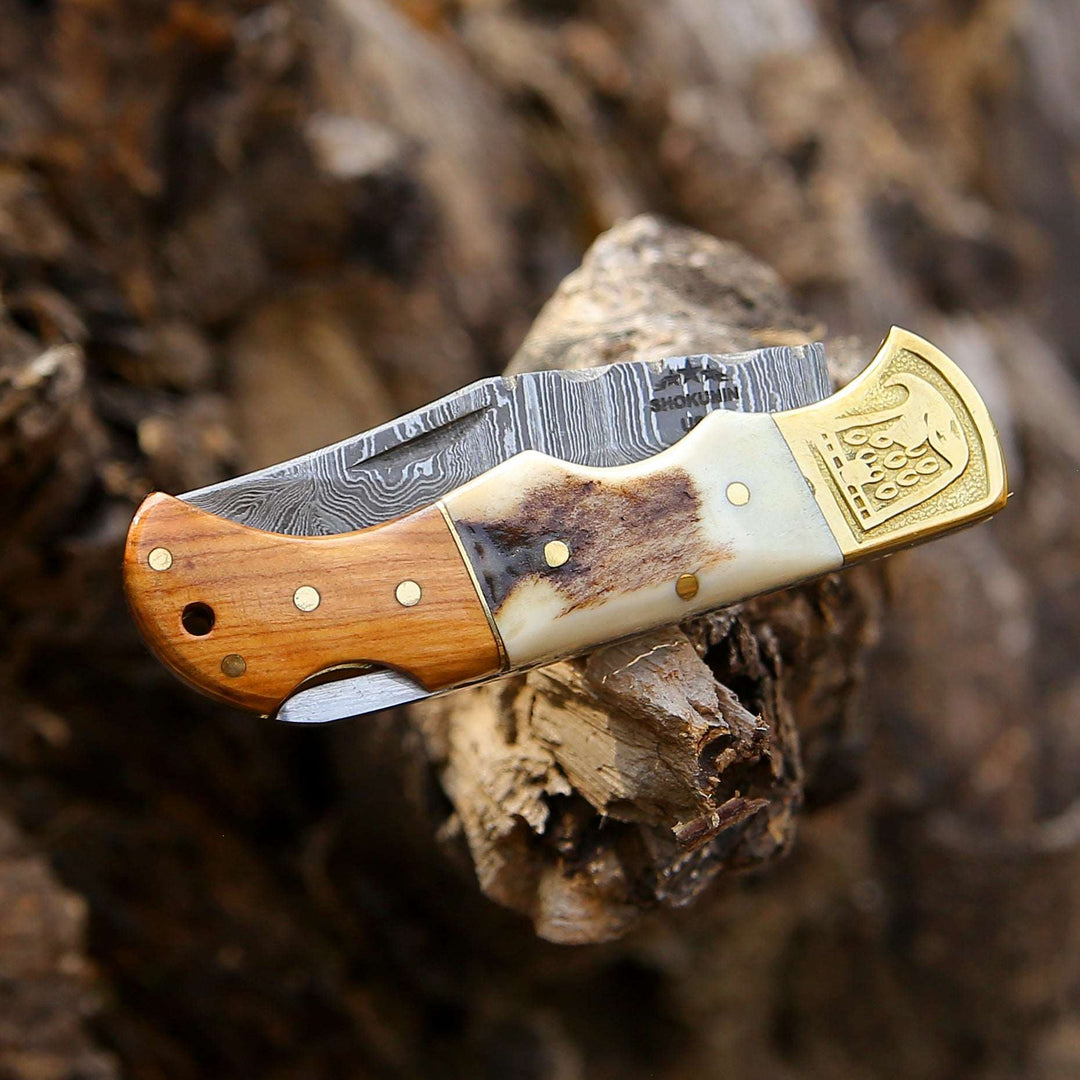 Utility Knife - Echo Damascus Pocket Knife with Stag Horn/Antler &amp; Olivewood Handle - Shokunin USA