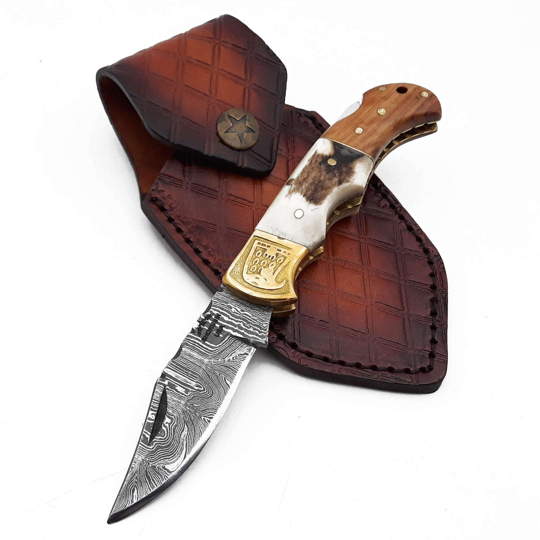 Utility Knife - Echo Damascus Pocket Knife with Stag Horn/Antler &amp; Olivewood Handle - Shokunin USA
