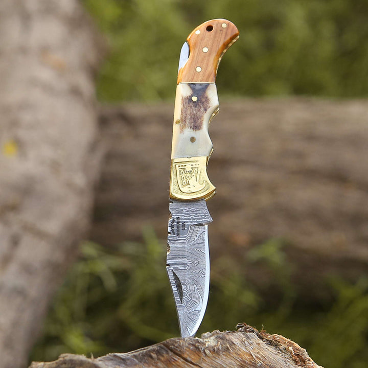 Utility Knife - Echo Damascus Pocket Knife with Stag Horn/Antler &amp; Olivewood Handle - Shokunin USA
