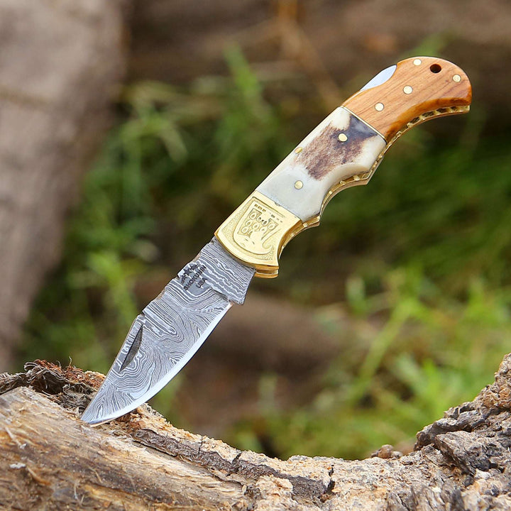 Utility Knife - Echo Damascus Pocket Knife with Stag Horn/Antler &amp; Olivewood Handle - Shokunin USA