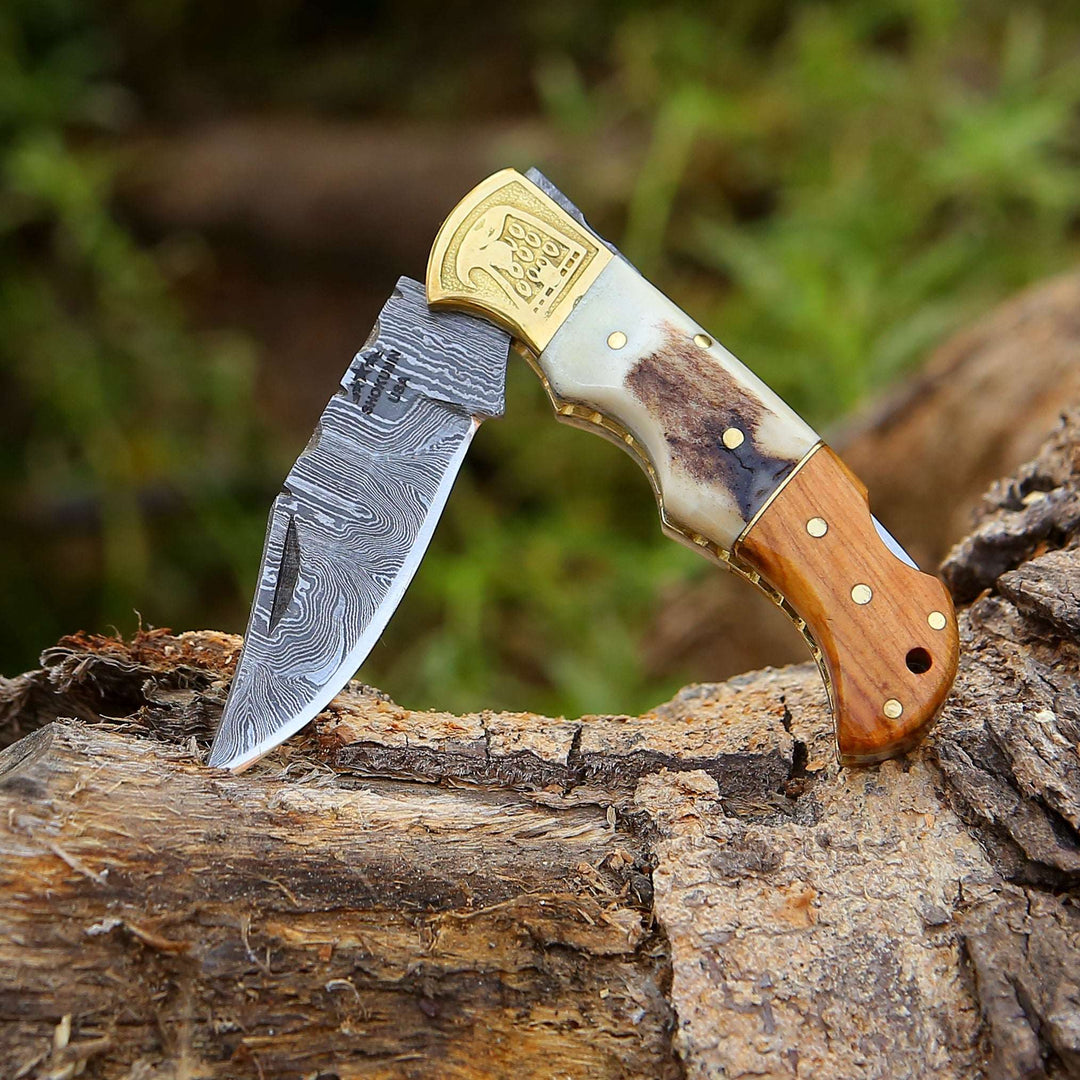 Utility Knife - Echo Damascus Pocket Knife with Stag Horn/Antler &amp; Olivewood Handle - Shokunin USA
