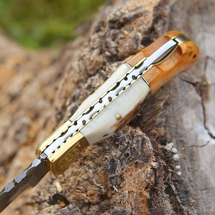 Utility Knife - Echo Damascus Pocket Knife with Stag Horn/Antler &amp; Olivewood Handle - Shokunin USA