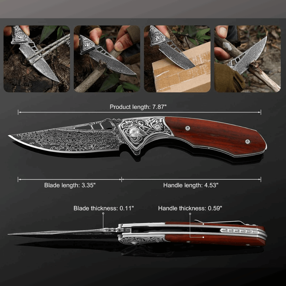 Pocket knife - Artemis Japanese VG10 Damascus Pocket Knife with Clip &amp; Exotic Red Sandal Wood Handle - Shokunin USA