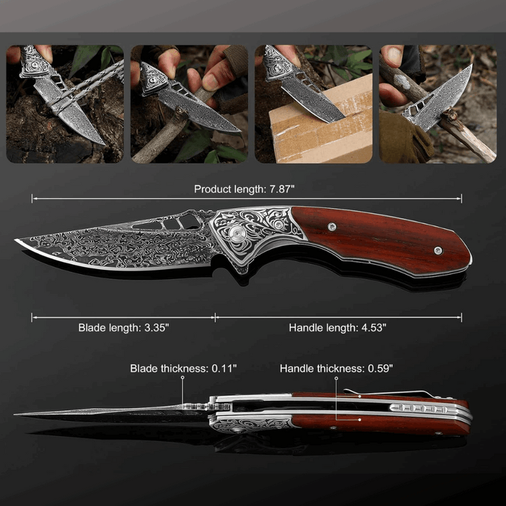 Pocket knife - Artemis Japanese VG10 Damascus Pocket Knife with Clip &amp; Exotic Red Sandal Wood Handle - Shokunin USA