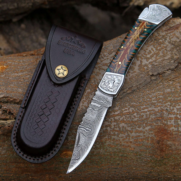 Custom Folding Knives - Striker Custom Folding Knife with Pine Cone Handle - Shokunin USA