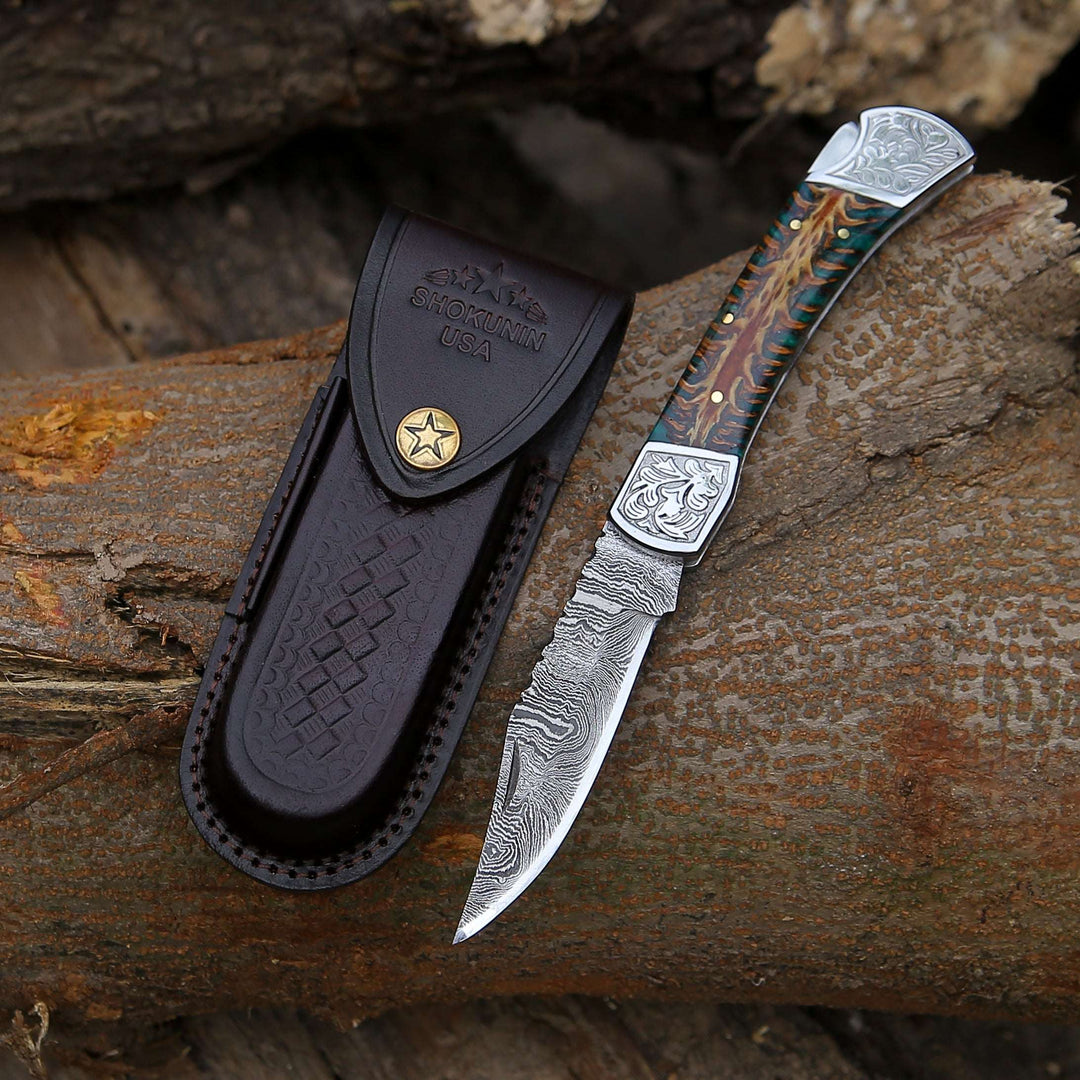 personalized folding knives - Striker Custom Pocket Knife with Pine Cone Handle - Shokunin USA