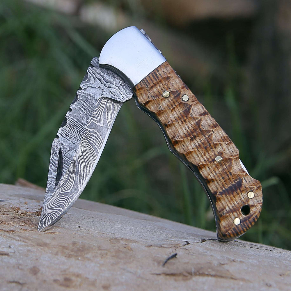 Pocket Knife - Thunderbolt Pocket Knife with Forged Charred Ash Wood Handle - Shokunin USA