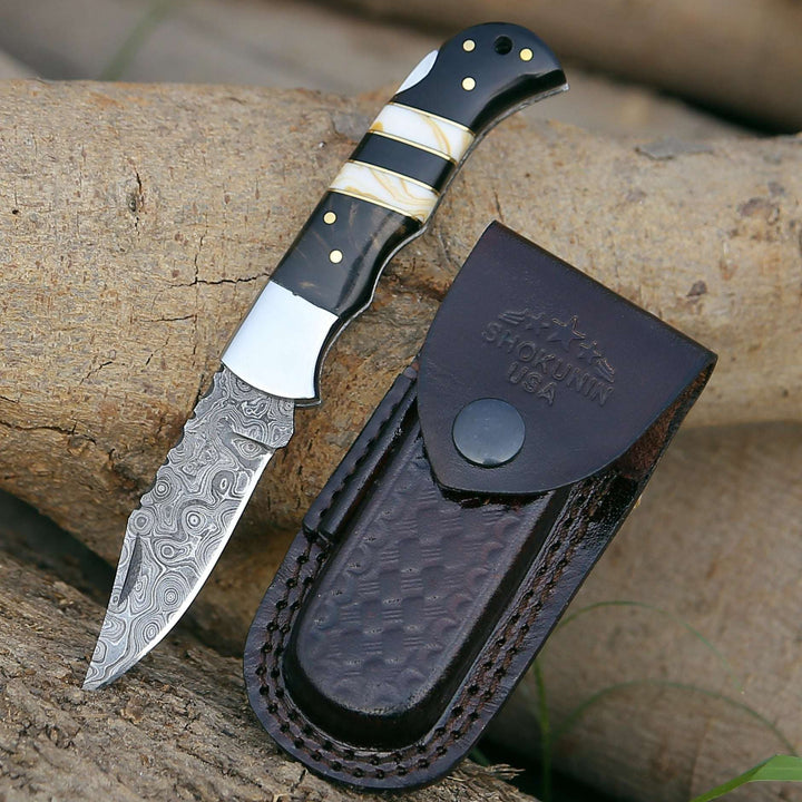 EDC pocket knives for anniversaries - Blaze Handmade Damascus folding knife with Sheath - Shokunin USA