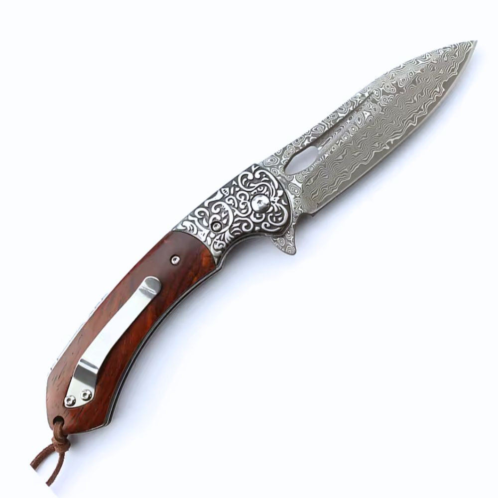 VG10 Skinning Knives - Karma Japanese VG10 Damascus EDC Pocket Knife with Clip &amp; Sandalwood Handle - Shokunin USA