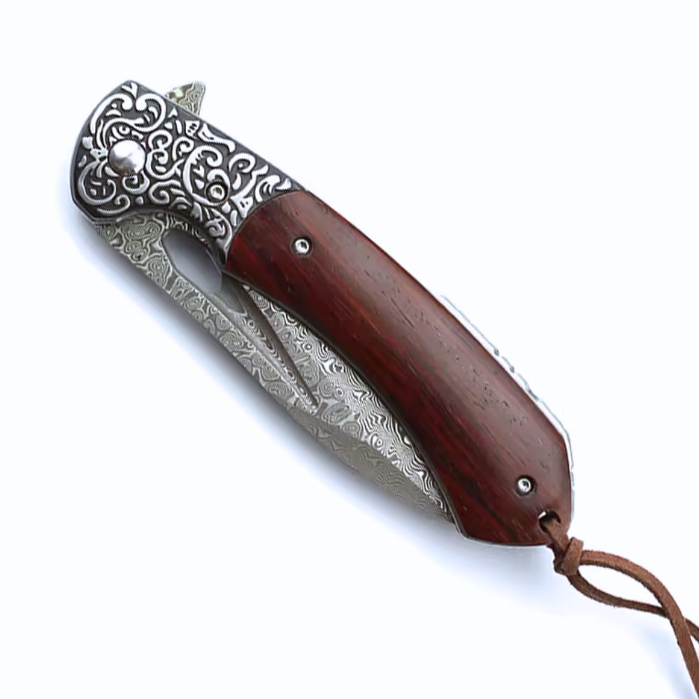 VG10 Skinning Knife - Karma Japanese VG10 Damascus EDC Pocket Knife with Clip &amp; Sandalwood Handle - Shokunin USA
