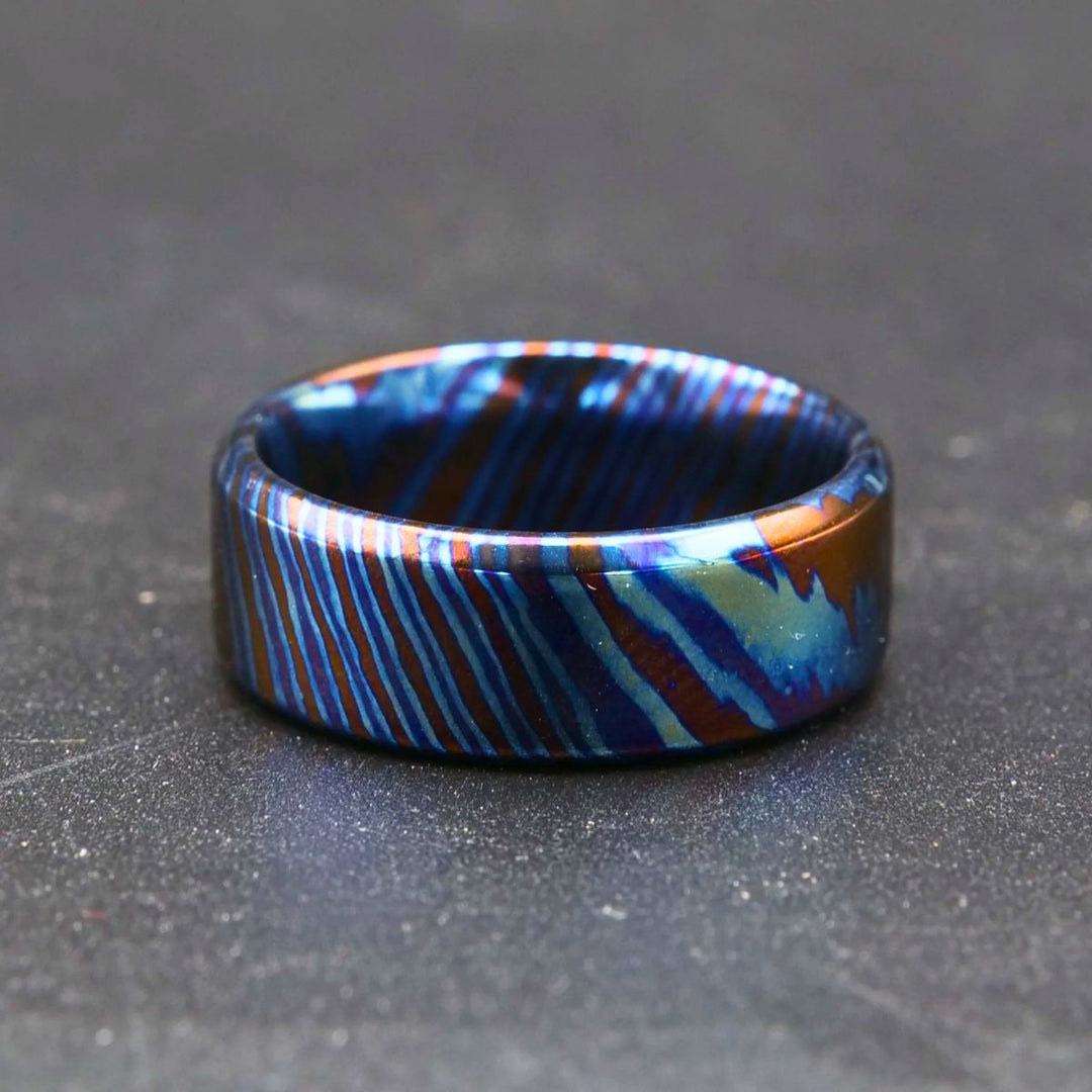 Timascus ring - Titan Handcrafted Timascus / Titanium Damascus Ring – Unique Metal Pattern &amp; Bold Design - Shokunin USA