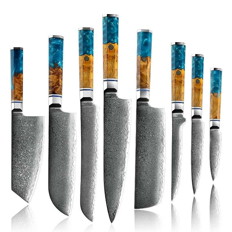 Cooking Knife Sets – Allure Professional Japanese VG10 Damascus 8-Pcs Knife Set with Exotic Olive Burl Wood &amp; Resin Handle – shokuninusa