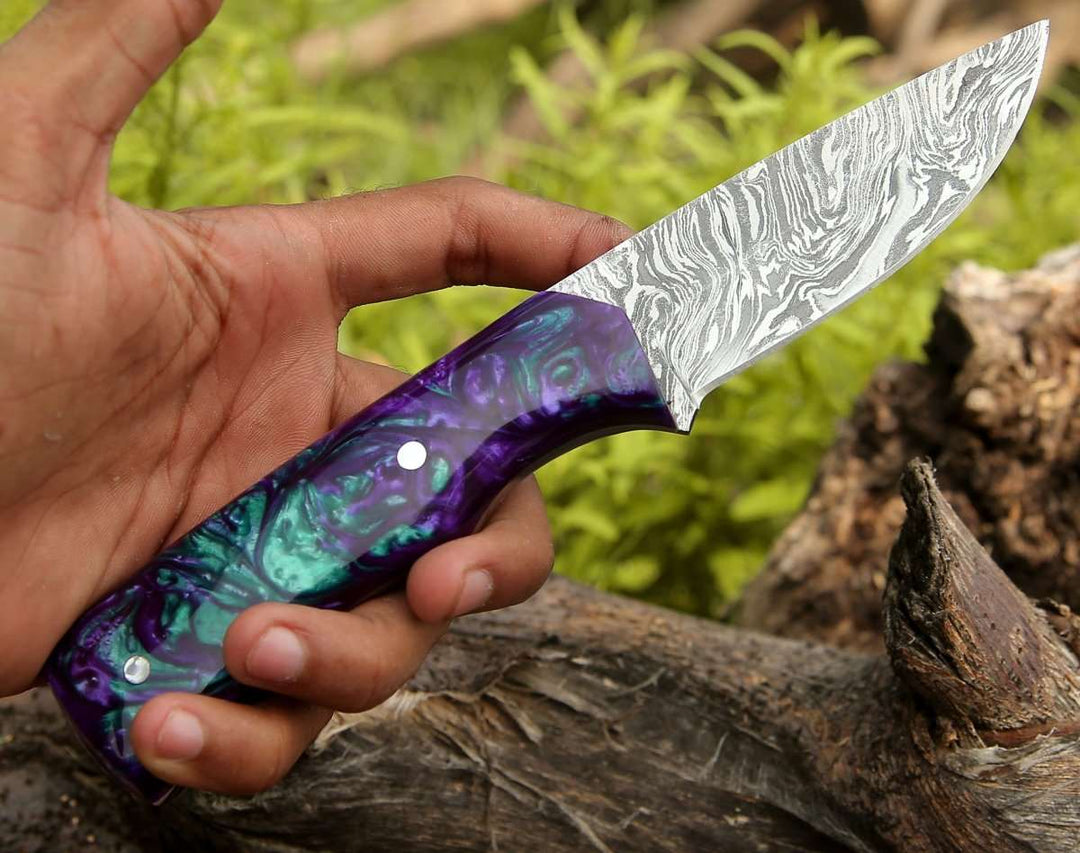 Arcane Damascus knives - Arcane Handmade Damascus Hunting Knife with Resin Handle - Shokunin USA