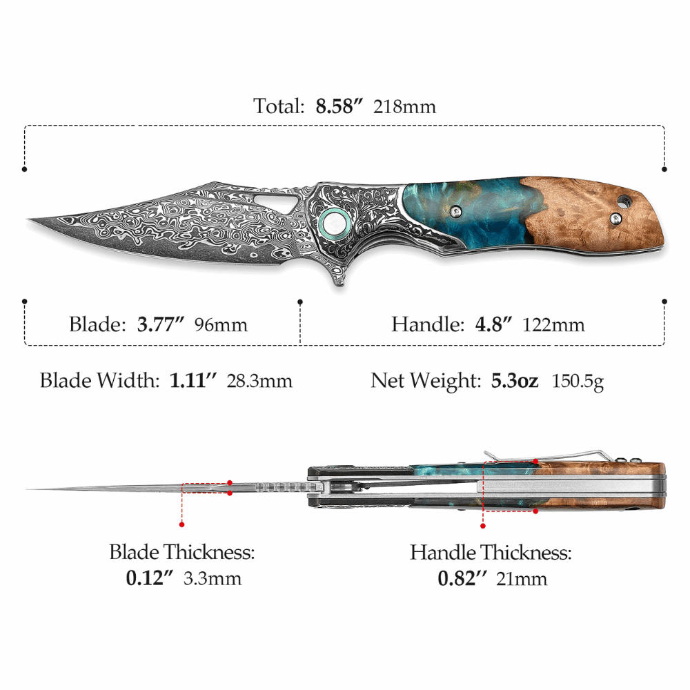 Japanese Pocket Knives – Ares Japanese Handmade Pocket Knife with Olive Burl Wood &amp; Resin Handle – shokuninusa