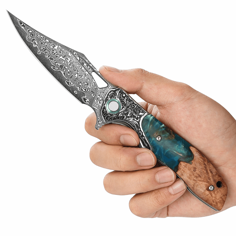 Folding Pocket Knife – Ares Japanese Handmade Pocket Knife with Olive Burl Wood &amp; Resin Handle – shokuninusa