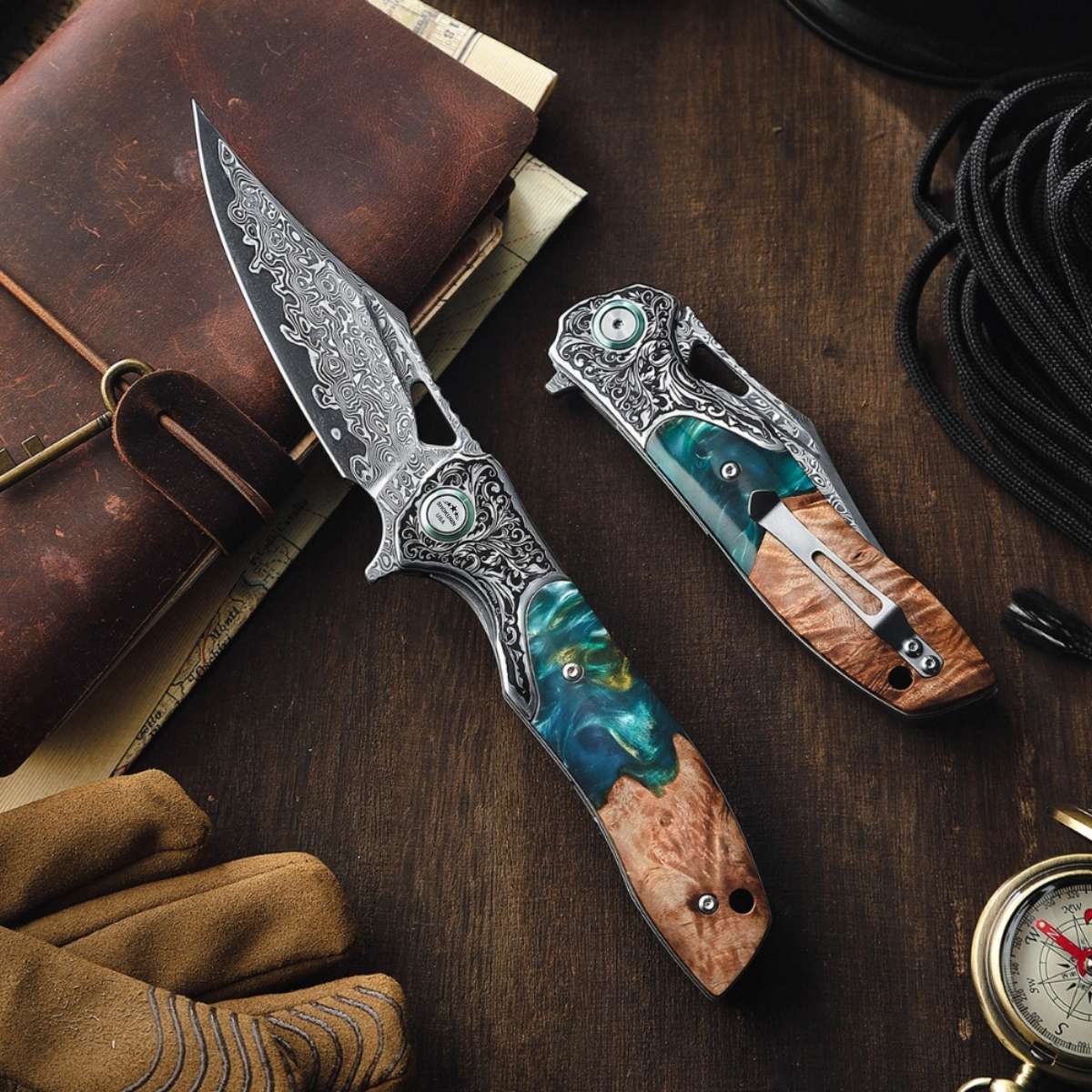 Japanese Pocket Knives | Olive Burl Wood & Resin Handle - Top