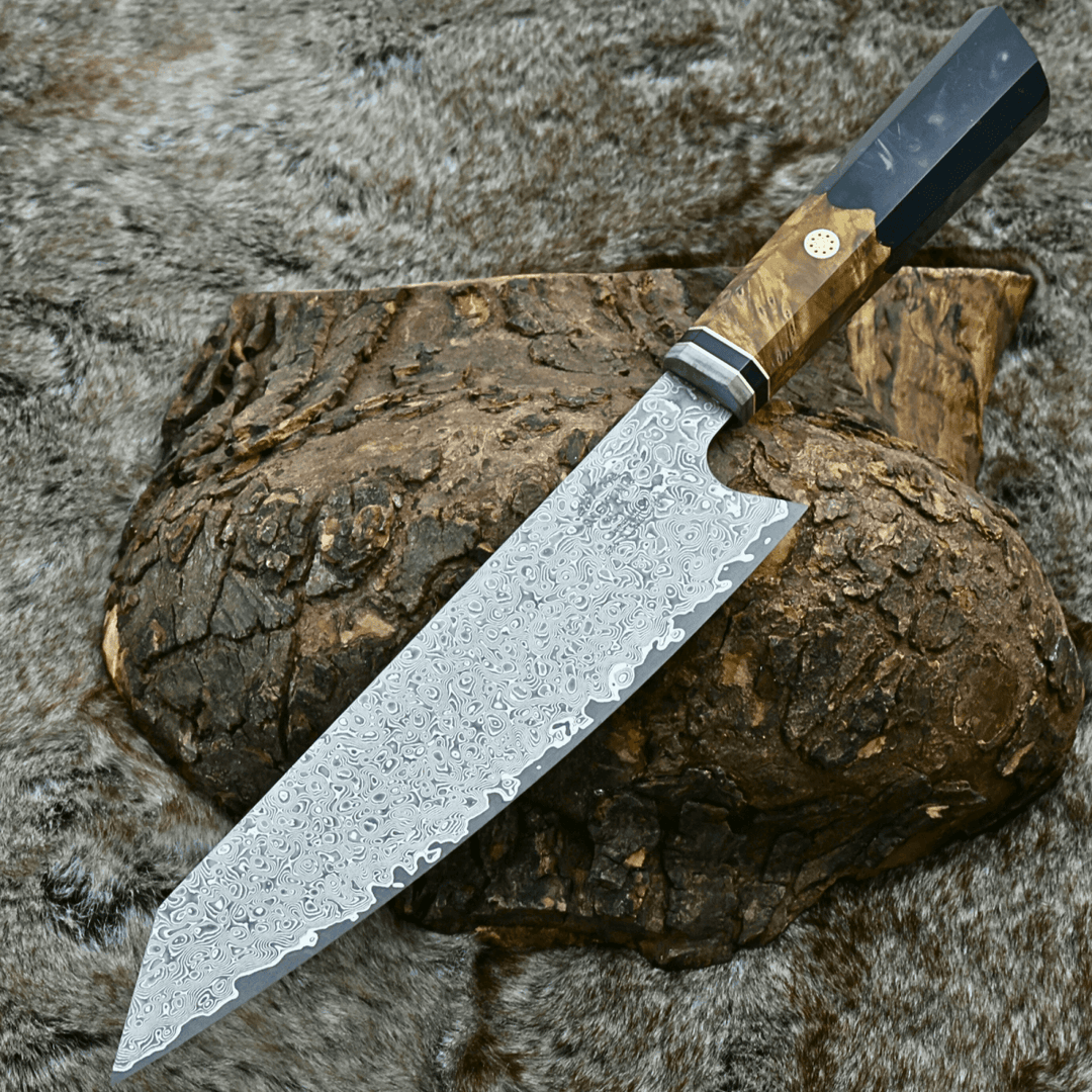 Aurora Chef Damascus - Aurora Japanese Chef Knife with Olive Burl Wood &amp; Resin Composite Handle - Shokunin USA