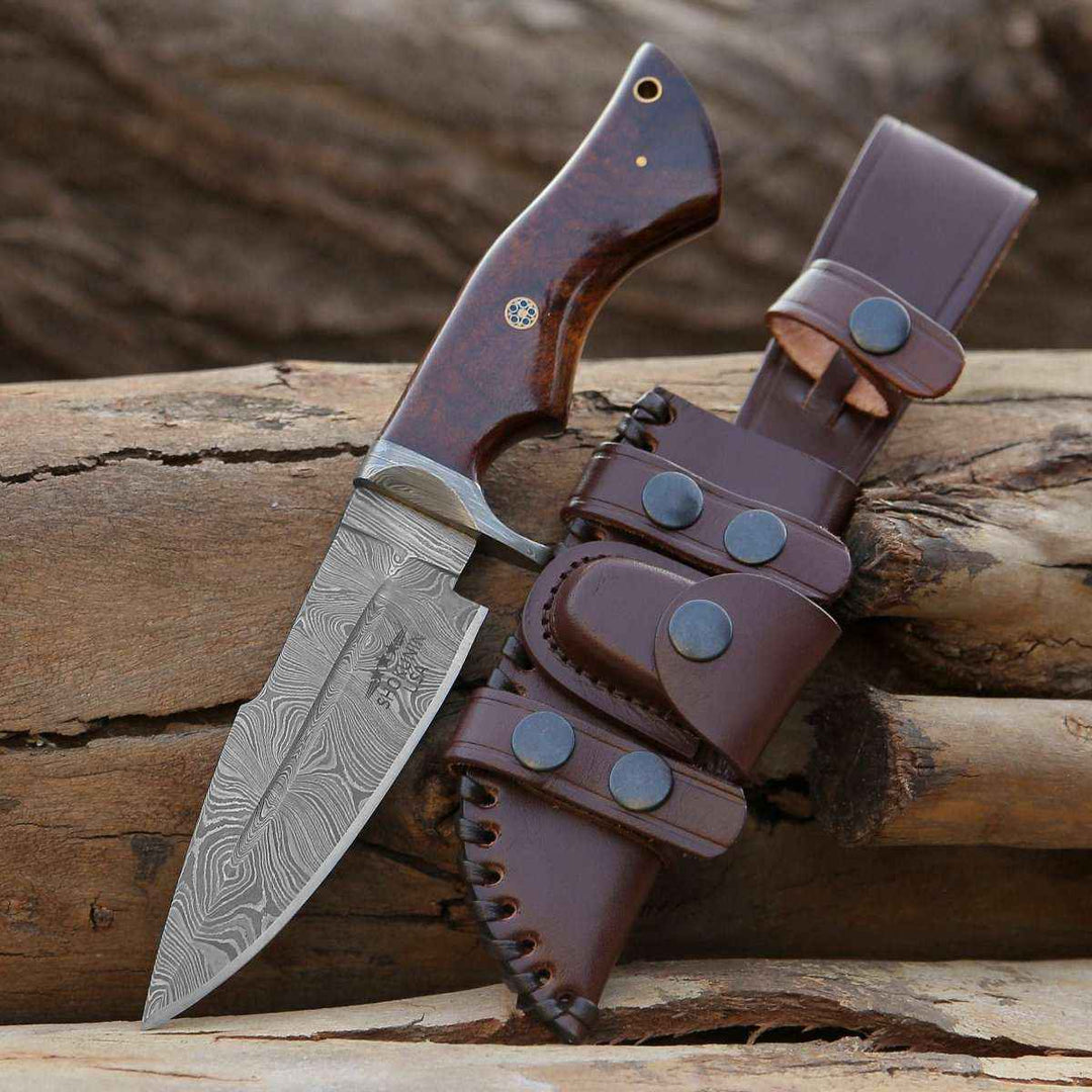 Bolt Damascus Custom Hunting Knife with Rose Wood Handle & Leather Sheath - Shokunin USA