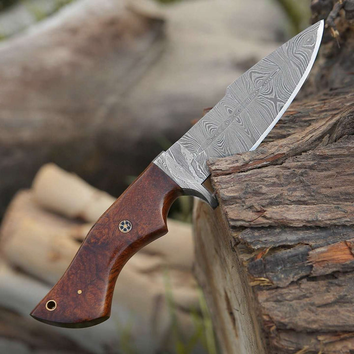 Bolt Bowie Knives – Bolt Damascus Custom Hunting Knife with Rose Wood Handle &amp; Leather Sheath – shokuninusa