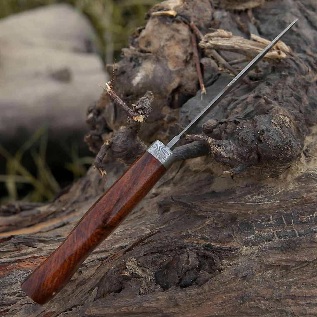 Bolt Knife – Bolt Damascus Custom Hunting Knife with Rose Wood Handle &amp; Leather Sheath – shokuninusa