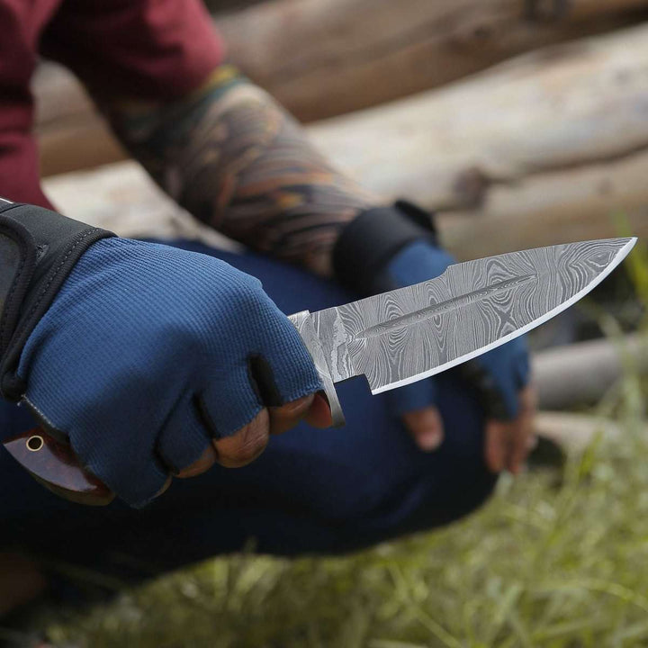 Bolt Hunting Knives – Bolt Damascus Custom Hunting Knife with Rose Wood Handle &amp; Leather Sheath – shokuninusa