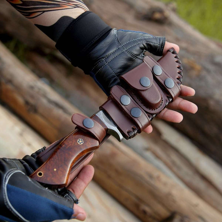 Bolt Knives – Bolt Damascus Custom Hunting Knife with Rose Wood Handle &amp; Leather Sheath – shokuninusa