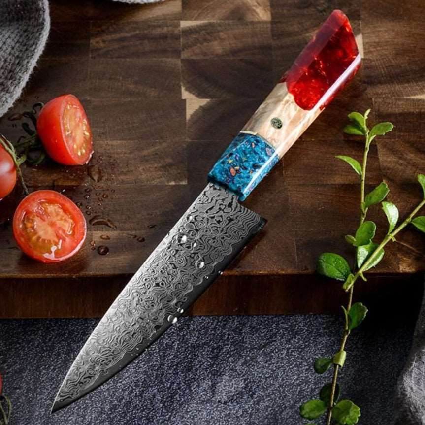Cascade Chef Knife - Cascade Damascus Chef Knife with Exotic Olive Wood &amp; Resin Handle - Shokunin USA