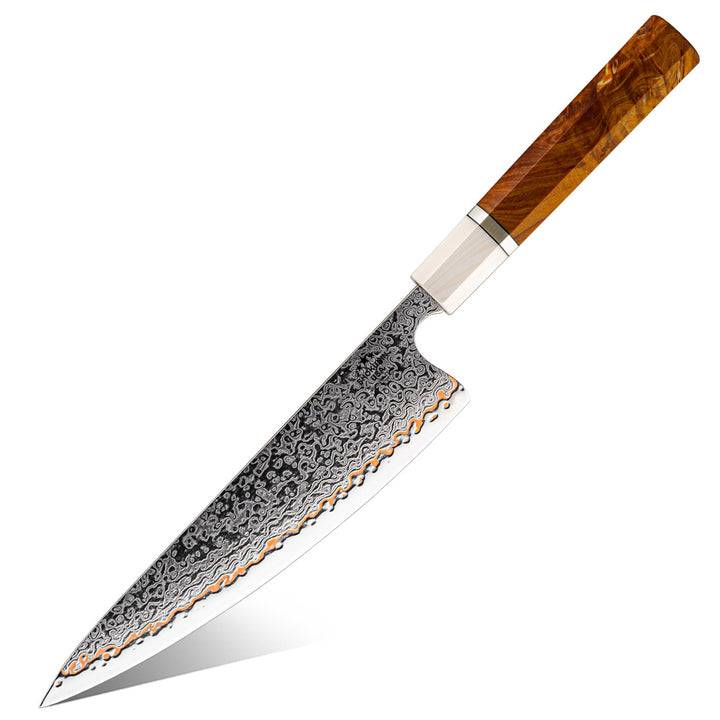 Chef knife - Raiden Handmade Japanese Chef Knife - 8.0" VG10, 1095 &amp; Copper Damascus Steel Blade, Exotic Rosewood Burl Composite Handle - Shokunin USA