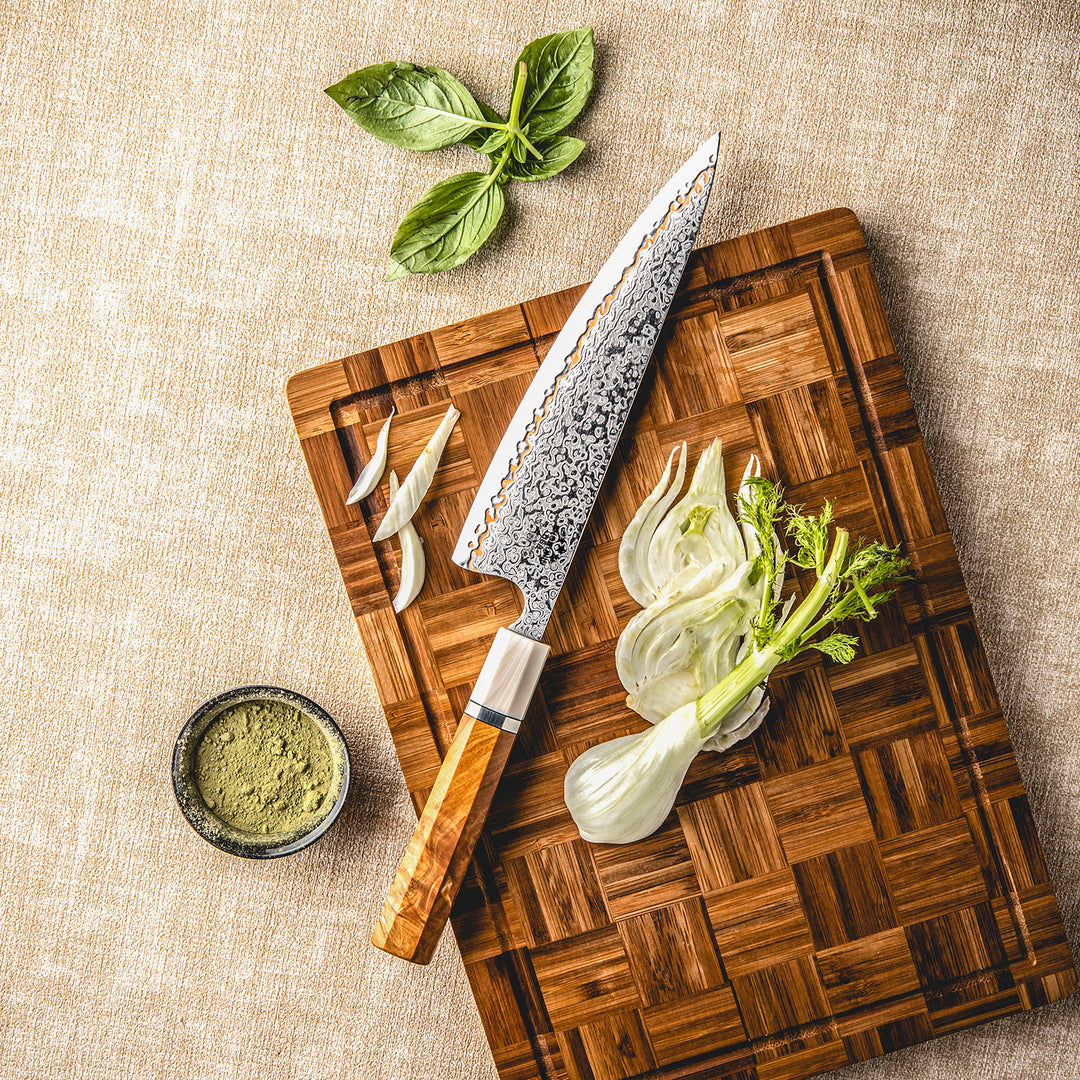Chef knife - Raiden Handmade Japanese Chef Knife - 8.0" VG10, 1095 &amp; Copper Damascus Steel Blade, Exotic Rosewood Burl Composite Handle - Shokunin USA