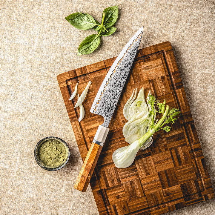 Chef knife - Raiden Handmade Japanese Chef Knife - 8.0" VG10, 1095 &amp; Copper Damascus Steel Blade, Exotic Rosewood Burl Composite Handle - Shokunin USA