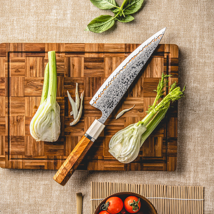 Chef knife - Raiden Handmade Japanese Chef Knife - 8.0" VG10, 1095 &amp; Copper Damascus Steel Blade, Exotic Rosewood Burl Composite Handle - Shokunin USA