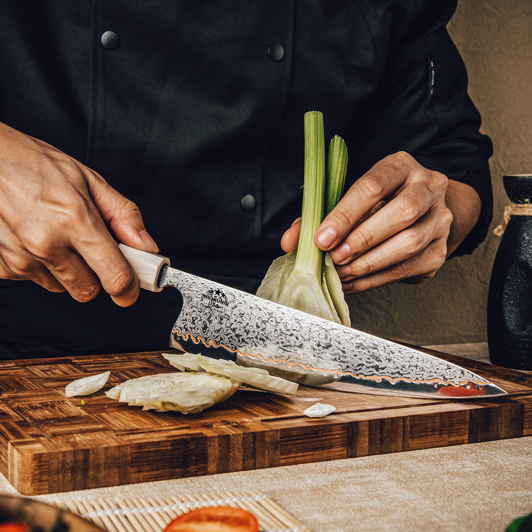 Chef knife - Raiden Handmade Japanese Chef Knife - 8.0" VG10, 1095 &amp; Copper Damascus Steel Blade, Exotic Rosewood Burl Composite Handle - Shokunin USA