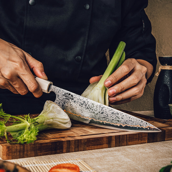 Chef knife - Raiden Handmade Japanese Chef Knife - 8.0" VG10, 1095 &amp; Copper Damascus Steel Blade, Exotic Rosewood Burl Composite Handle - Shokunin USA