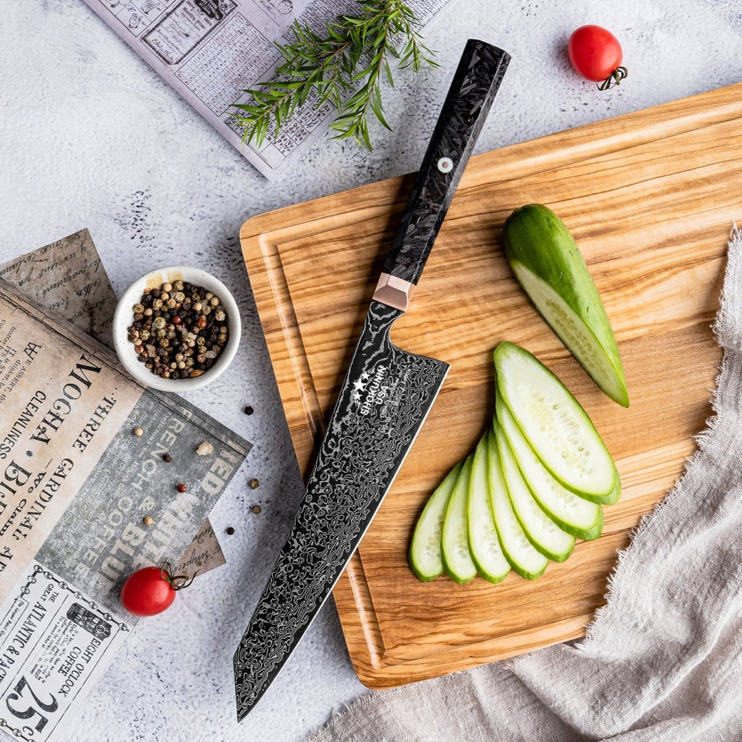 Cinder Damascus Knife - Cinder Japanese Damascus Chef Knife with Carbon Fiber Handle - Shokunin USA