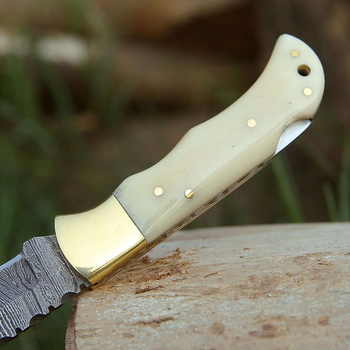 Cosmo Pocket Handle - Cosmo Handmade Damascus Pocket Knife with Bone Handle - Shokunin USA