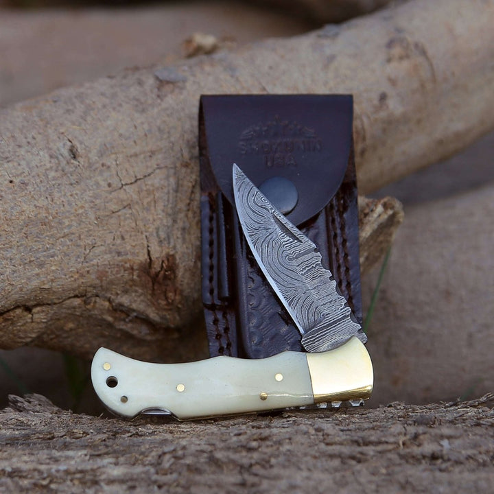 Cosmo Damascus knives - Cosmo Handmade Damascus Pocket Knife with Bone Handle - Shokunin USA