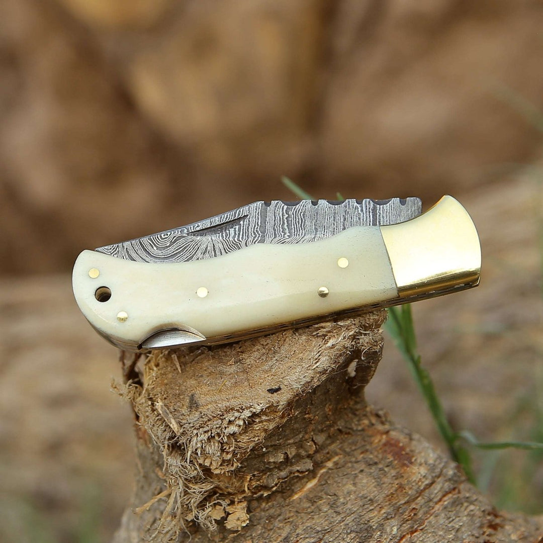 Cosmo Knife Handle - Cosmo Handmade Damascus Pocket Knife with Bone Handle - Shokunin USA