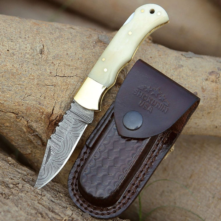 Cosmo Knife knives - Cosmo Handmade Damascus Pocket Knife with Bone Handle - Shokunin USA