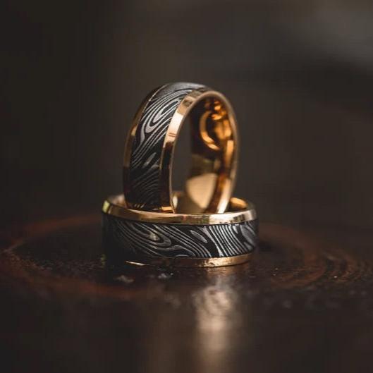 Brass Wedding Band – Crown Damascus Steel Wedding Ring Band with Brass Inlay – shokuninusa