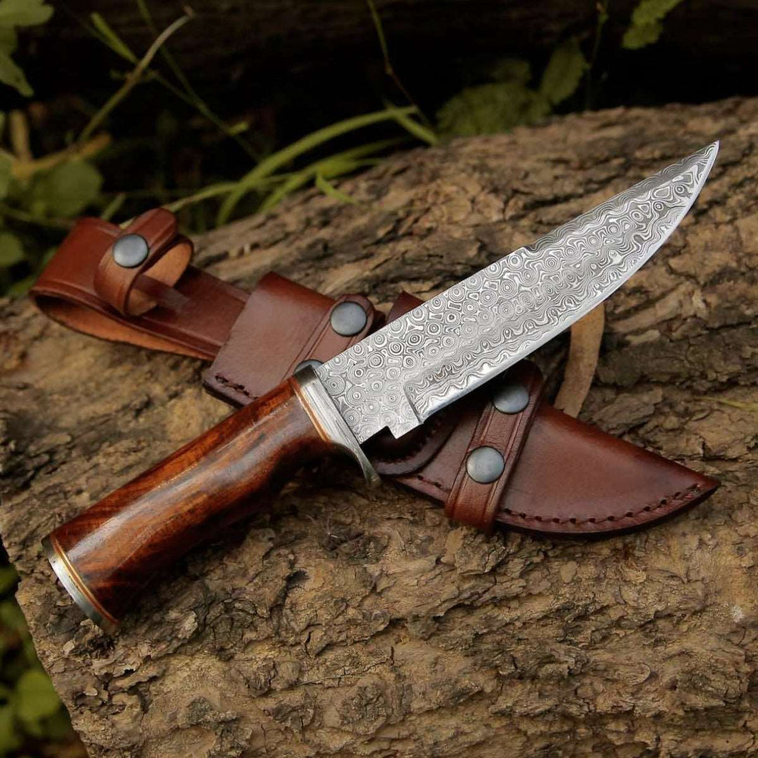 Damascus Knife - Crucifier Original Bowie Hunting Knife with Exotic Rosewood Handle - Shokunin USA