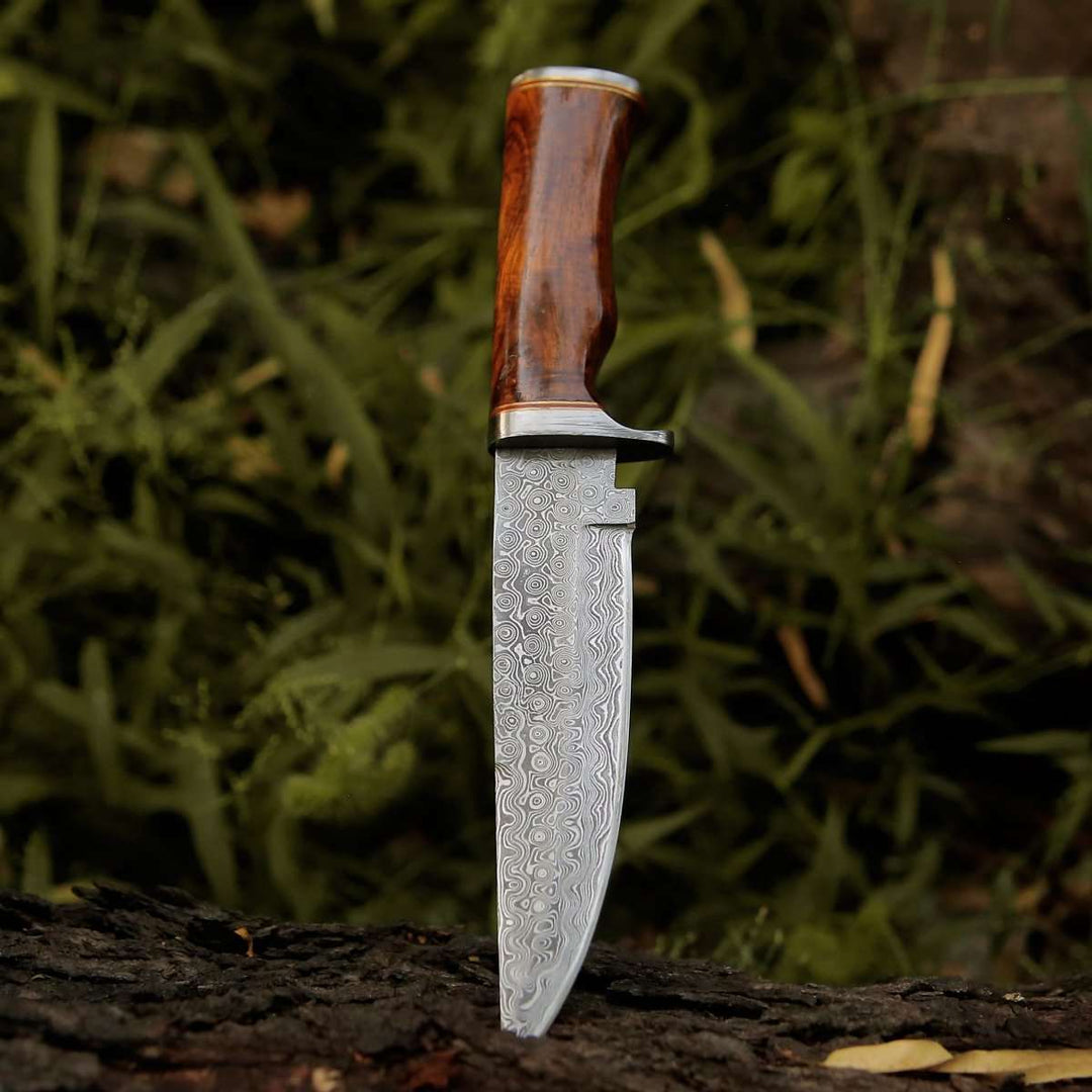 Damascus Knife - Crucifier Original Bowie Hunting Knife with Exotic Rosewood Handle - Shokunin USA
