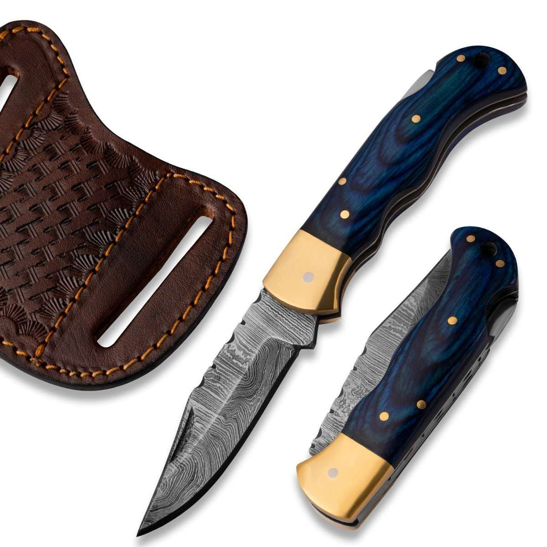 Damascus Knife - Diamond Pocket Knife with Pakka Wood Handle - Shokunin USA