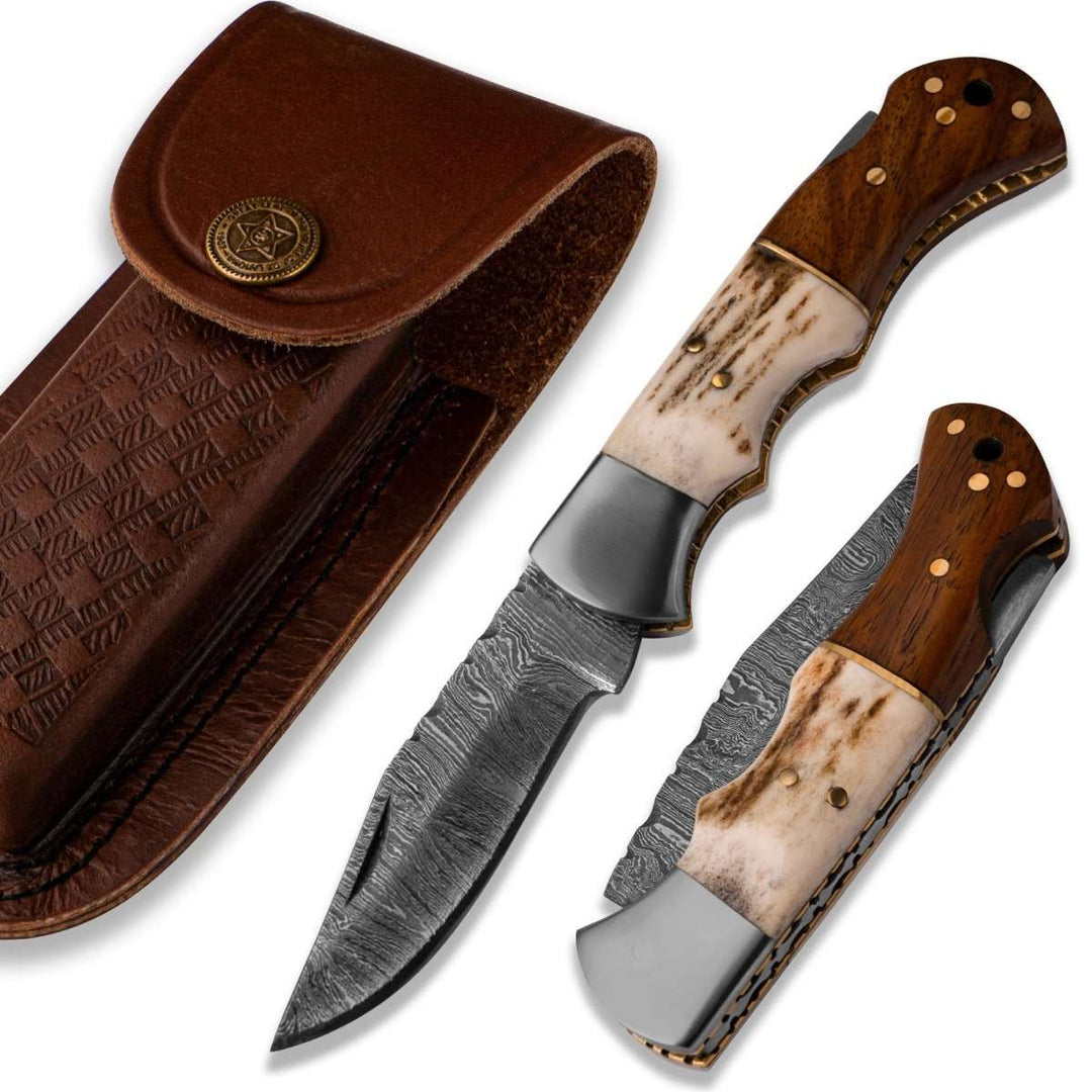 Utility Knife - Echo Damascus Pocket Knife with Stag Horn/Antler &amp; Rosewood Handle - Shokunin USA