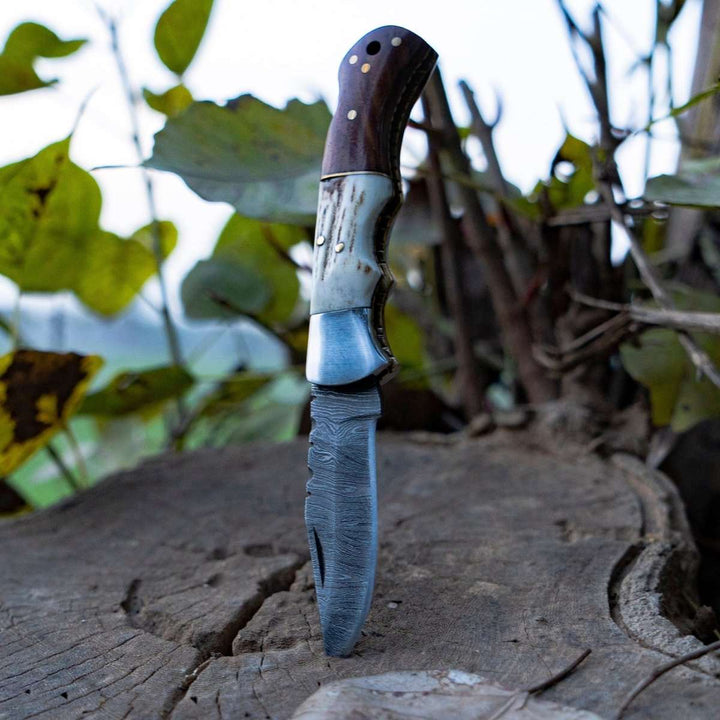 Utility Knife - Echo Damascus Pocket Knife with Stag Horn/Antler &amp; Rosewood Handle - Shokunin USA